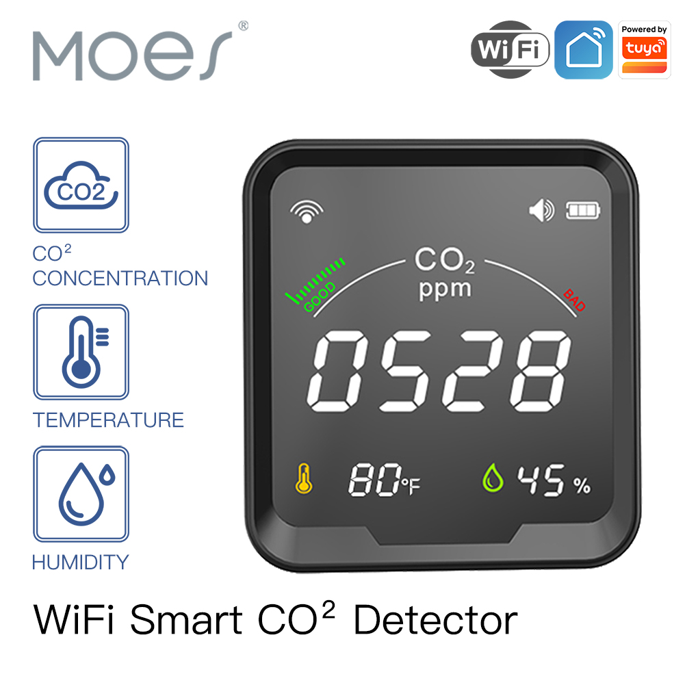 MOES Air  Carbon Dioxide Detector with Alarm Clock，Temperature Monitor，Humidity Air Tester，WiFi，Tuya Smart，3 in 1，CO2