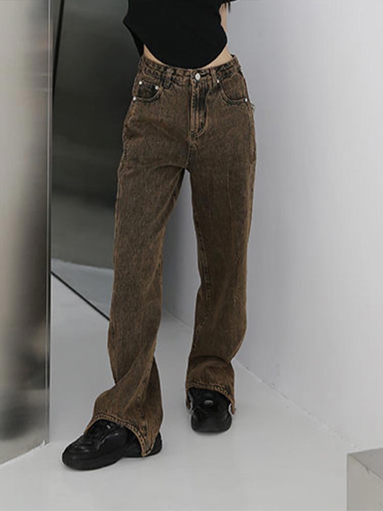 Women Brown Vintage High Waist Straight Jeans  Spring And Autumn Baggy Wide Leg Pants Retro Streetwear  Denim Trouser