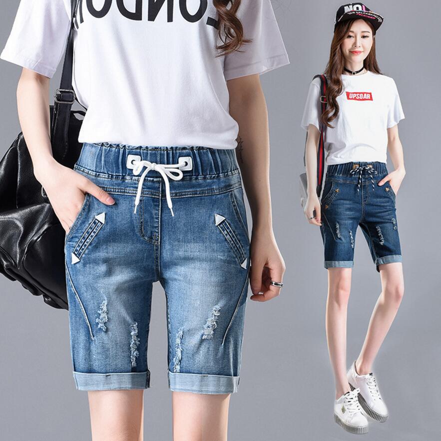 Jeans For Women Summer Kenn Length Pants Elastic High Waist Loose  Jeans Hole Crimping Denim Shorts