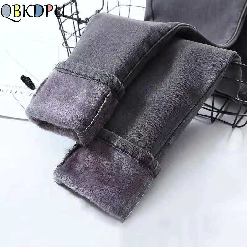 Mid Waist Warm Jeans For Women Blue Female Black Winter Jeans Women Denim Pants Jean Female Ankle length 89~94cm Warm Pants