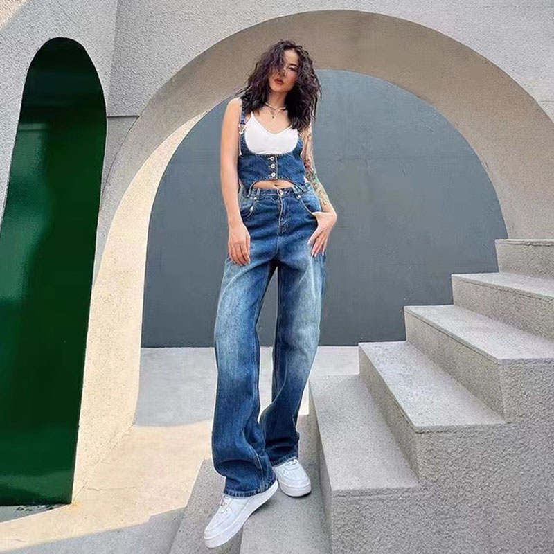 Jeans Woman  Spring and Autumn loose two-piece set with suspenders denim straight trouser set waistcoat wide leg pants