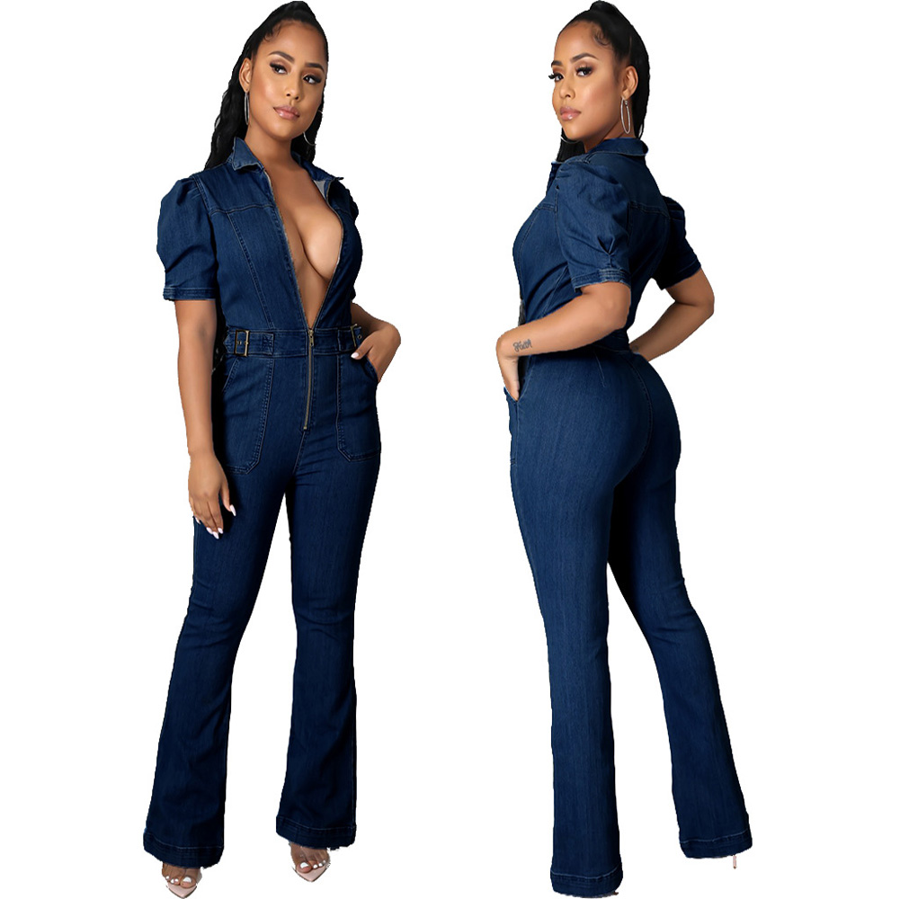 Autumn Denim Overalls Sexy Women Turn Down Bodycon Jeans Casual Straight Romper Jumpsuit