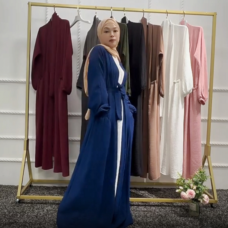 Ramadan Eid Middle East Plain Clothing Abaya Dubai Turkey Muslim Kimono for Women Arab Islamic Robe Cardigan with Pocket Femme
