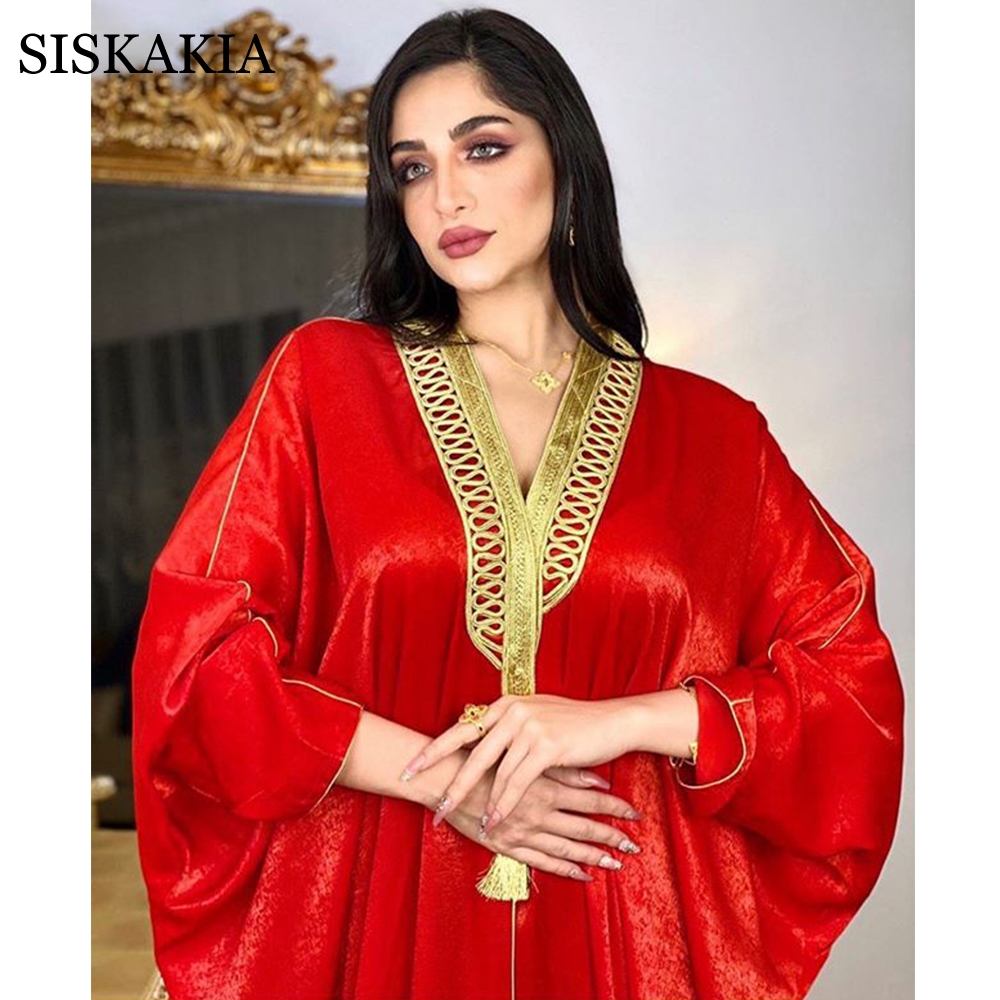 Siskakia Moroccan Kaftan Dubai Open Abaya Dress for Women Gold Ribbon Batwing Sleeve Arabic Muslim Turkey Clothes France Velvet