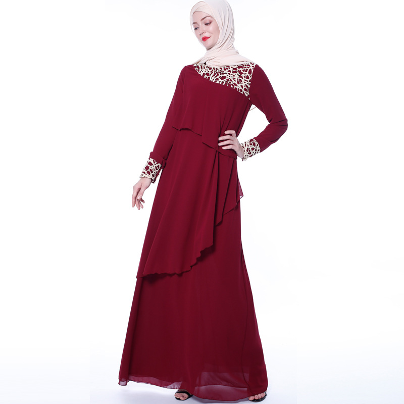 Muslimah Jubah Abaya Long Sleeve Pleated Dress Dubai turkey Chiffon Dress Kaftan Lace Stitching Elegant Dress European Clothing