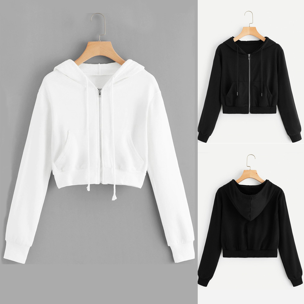 40# Women Zipper Pocket Hoodies Crop Top Casual Solid Long Sleeve Shirt Hooded Sweatshirt White Hoodies Oversizeed  Style
