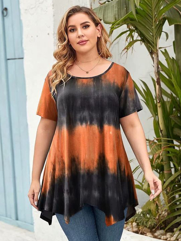 5XL 6XL Plus Size Women Clothing  Summer Short Sleeve Tie Dye Print Casual Tee Shirt Peplum Tops Irregular Long Blouse
