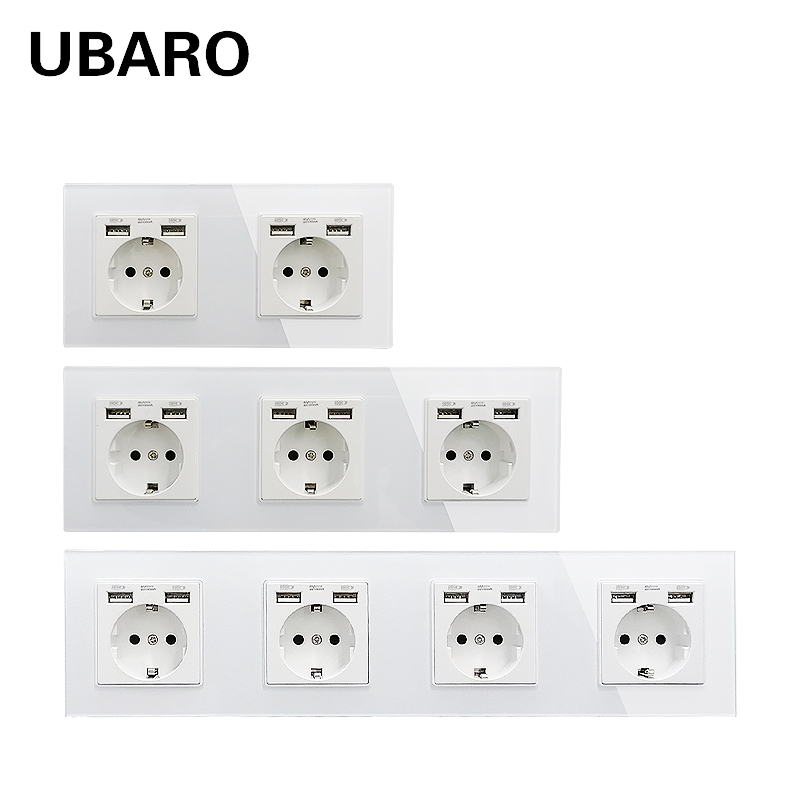 UBARO EU Standard Wall Socket With USB Plug Electrical Power Outlet With Tempered Crystal Glass Panel 100-250V Home Improvement