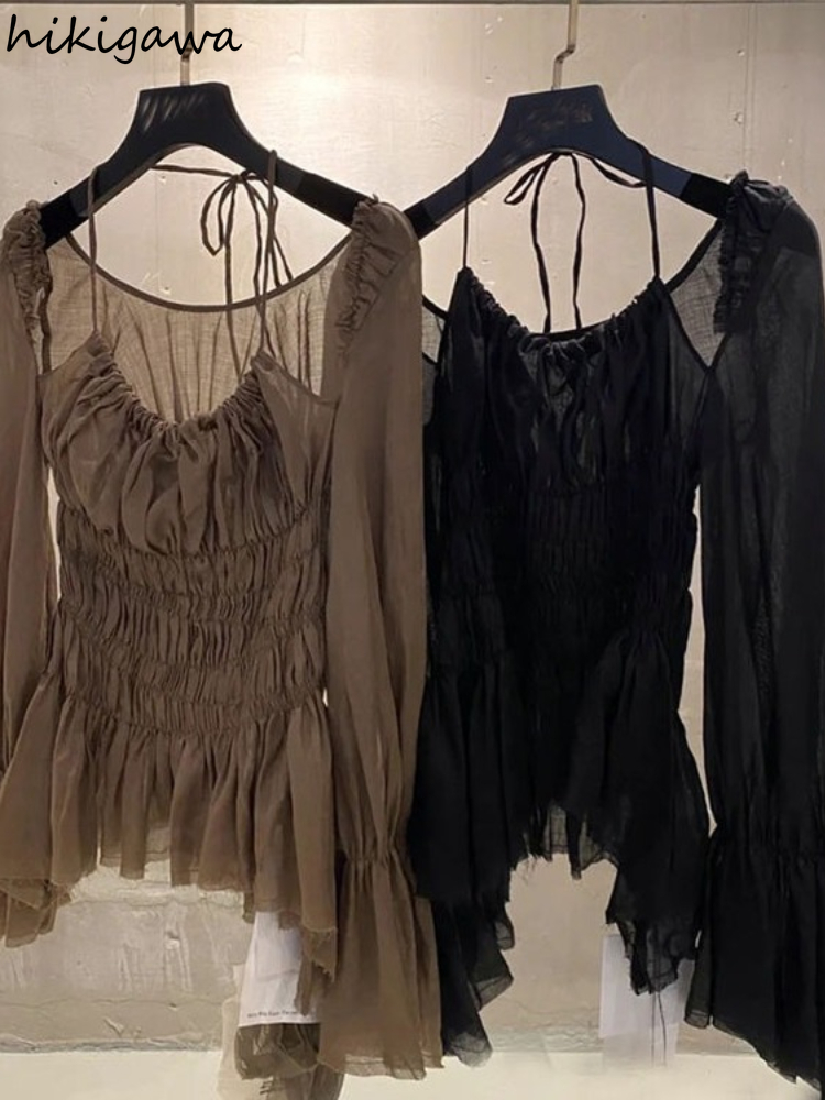 Blouse Women Sexy Off Shoulder Long Sleeve Thin Shirts Slim Folds Flare Sleeve Blouses Vintage Tops Femme  Blusas De Mujer