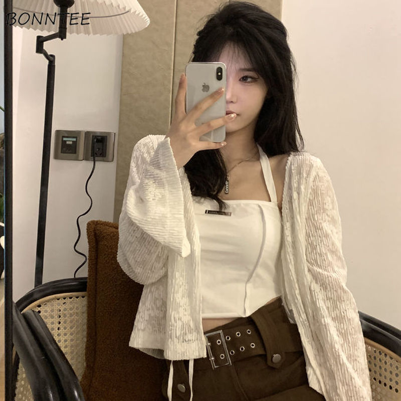 Blouses Women Solid Tops Sun-proof All-match Daily Sweet Mesh Open Stitch Cozy Crop  Soft Lace Mujer Design Streetwear