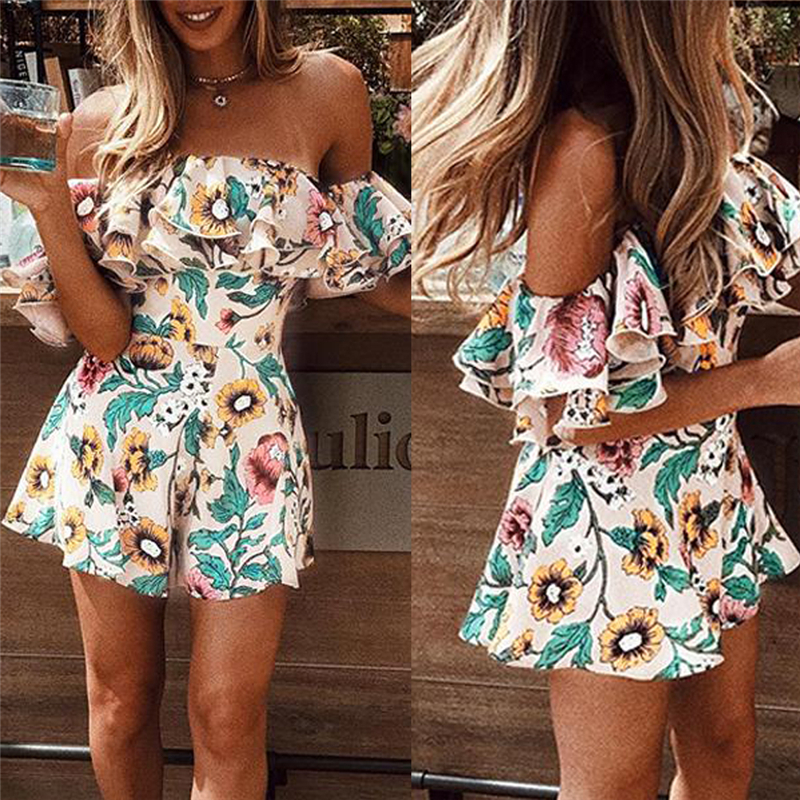 Summer Women  Short Off Shoulder Jumpsuits Overall Lady Floral Printed Playsuit Beach Holiday Wear Ruffle Romper