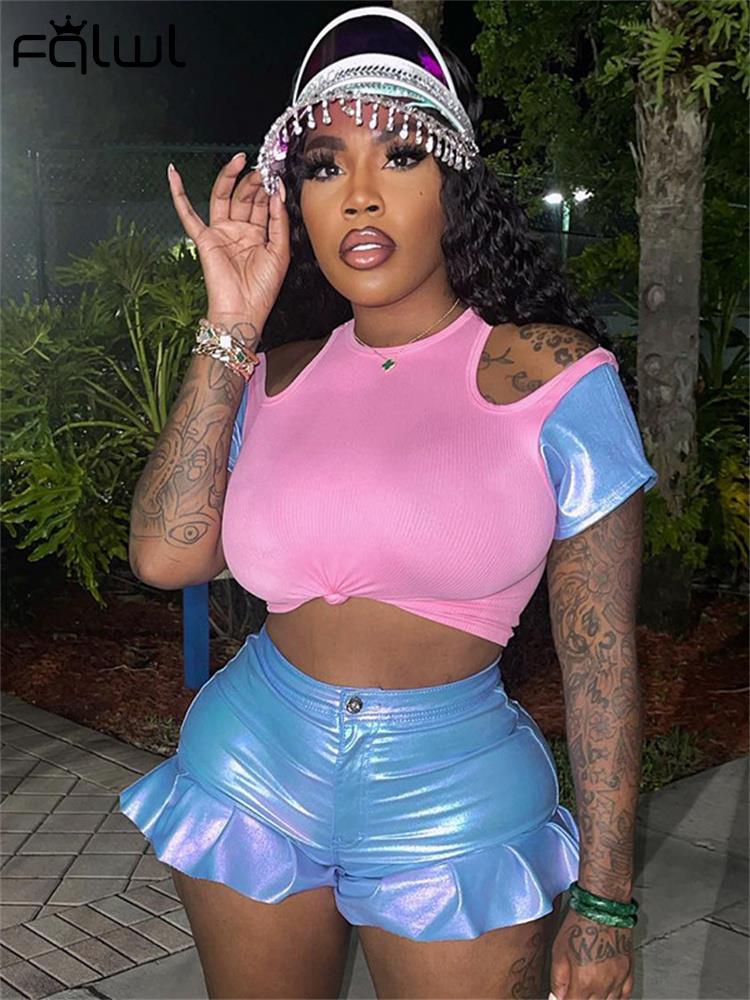 FQLWL Summer Casual 2 Two Piece Set Outfits Women Short Sleeve Bodycon Crop Top Skinny Ruffers Shorts Pink Matching Sets 