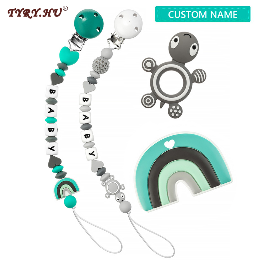 TYRY.HU Baby Pacifier Clip Chain Personalized Name Dummy Holder Silicone Teething Beads with Cute Turtle balloon Soother Chains