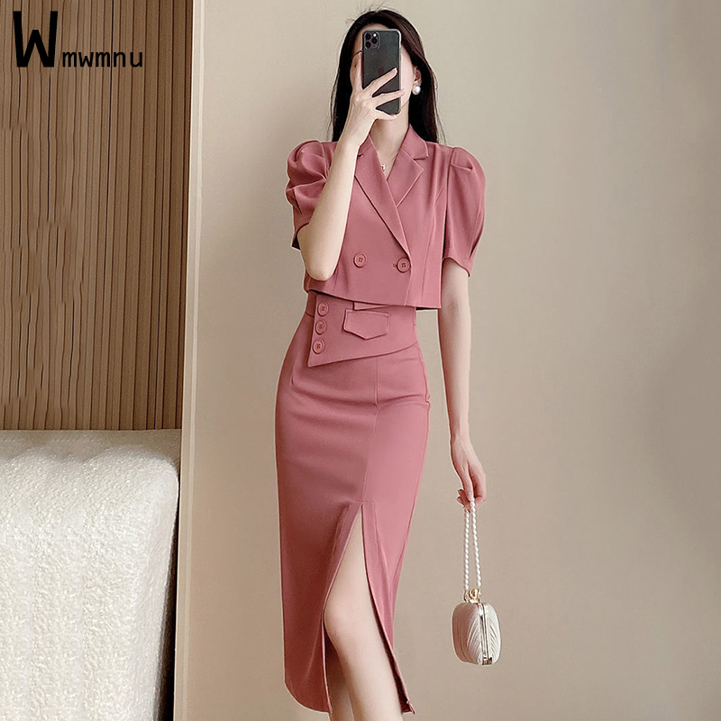 Women Design Button Slim Blazer 2 Piece Sets Office Lady Solid Double Breasted Short Blazers and High Waist Slit Skirt Sexy Suit