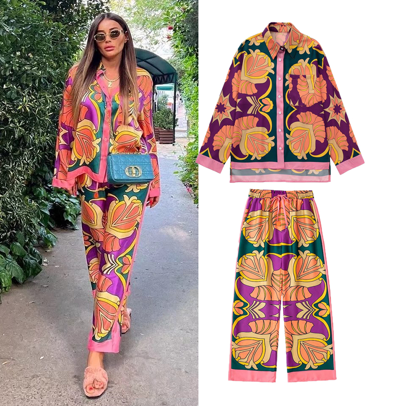  Print Elegant Women's Suit  Elastic Waist Straight 2 Piece set Suit Casual Chic Youth Vacation  Suit