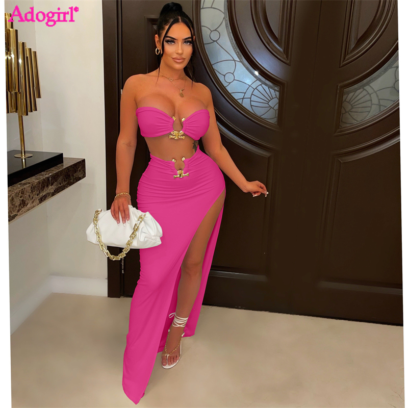 Adogirl Metal Ring Two Piece Set Women Party Dress Strapless Crop Top High Split Maxi Skirt Summer Holiday Beach Outfits Suit
