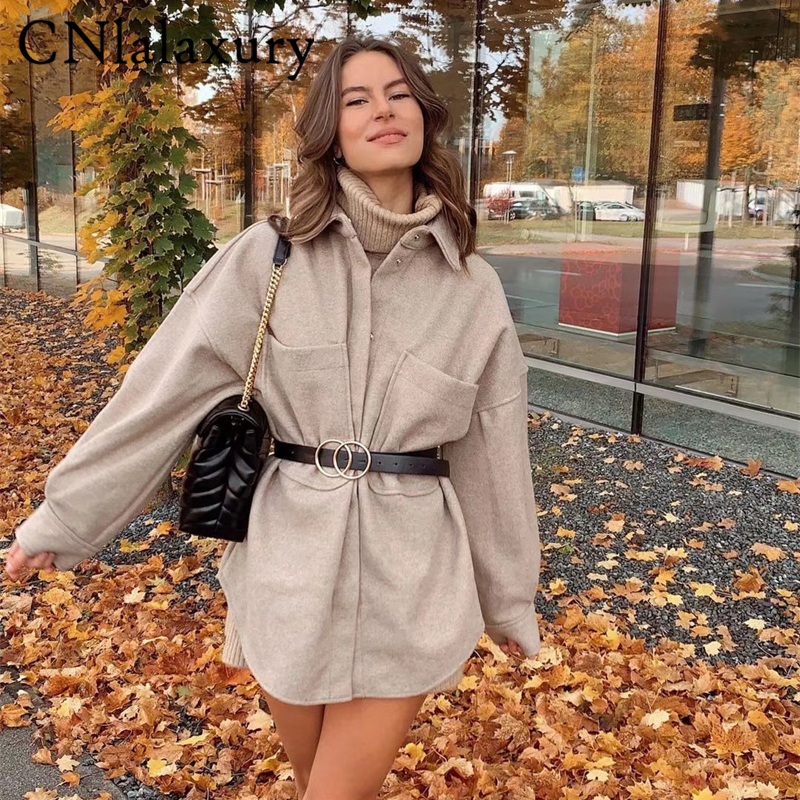 Casual Woman Camel Loose Pocket Woolen Shirt Jacket  Ladies Autumn Long Sleeve Thick Blouse Coat Female Outwear