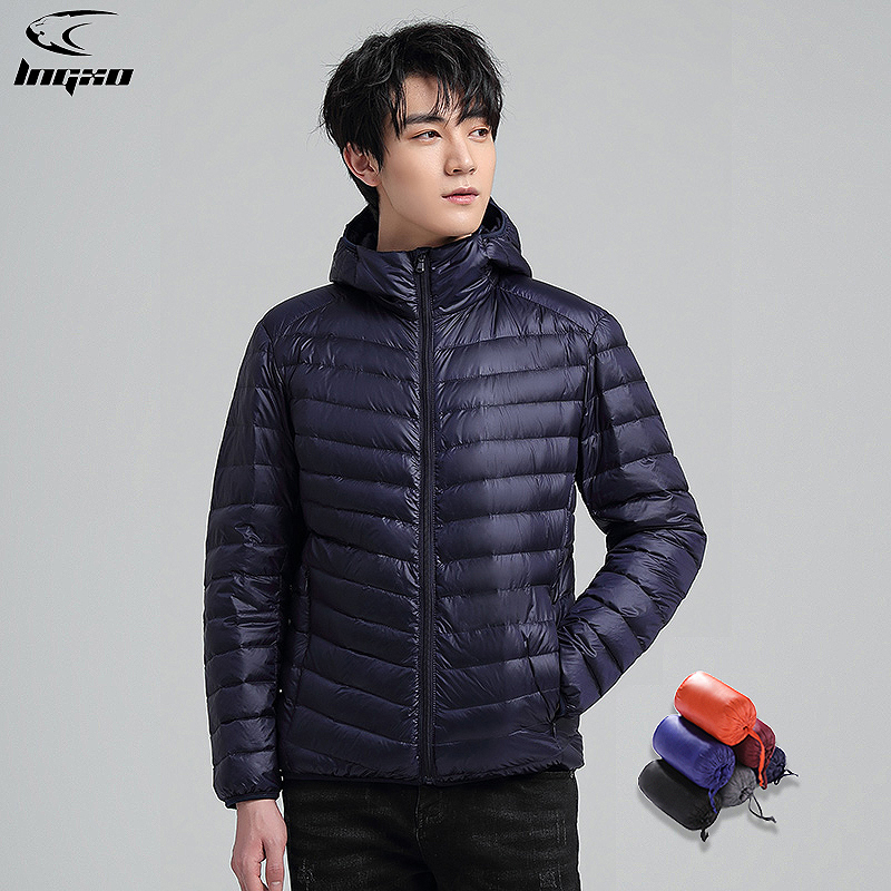LNGXO Men's Hooded Down Jacket Camping Trekking Ultralight Winter Coat Packable Waterproof Thermal Puffer Jackets Large Size 50