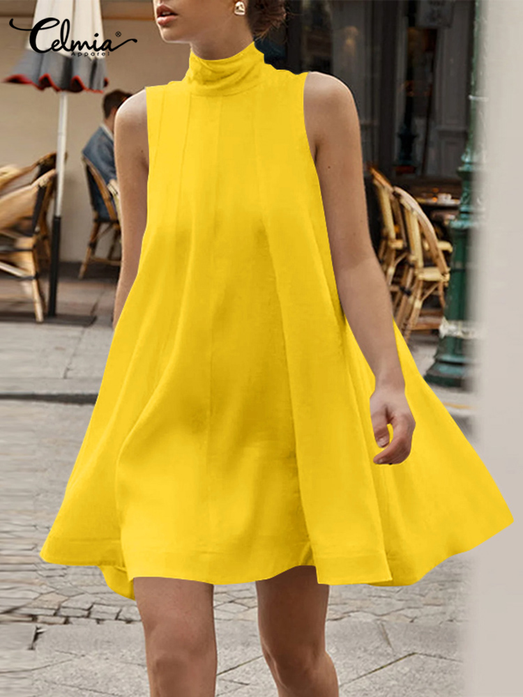  Summer Mini Dress Celmia Women Bandage High Collar Sundress Sleeveless A-line Tank Dress Streetwear Solid Pleated Robe