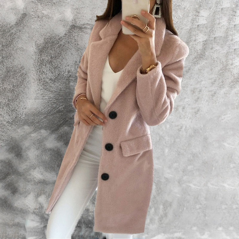 Autumn Winter Women Jacket Long Woolen Coat Slim fit Casual Turn Down Collar Overcoat Cardigan Outerwear S-5XL