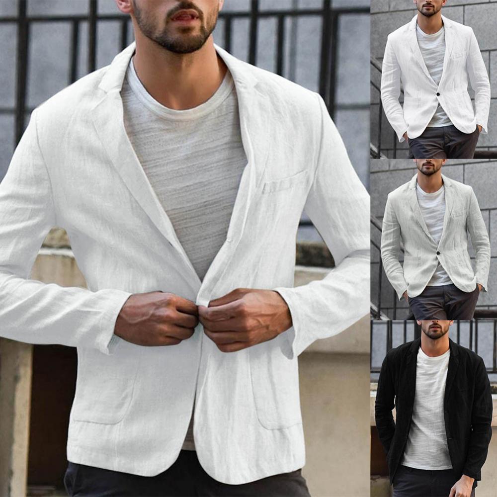  Men Suit Autumn Solid Color Long Sleeve Pockets Cotton Linen Slim Blazer Coat Jacket Casual Streetwear Clothing Sets