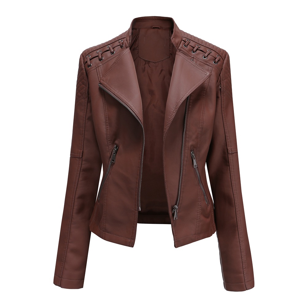 Women Leather Jacket European Size Female Coat  Spring Autumn Women's Moto Biker Zipper Jacket Purple Bandage Coffee XXL
