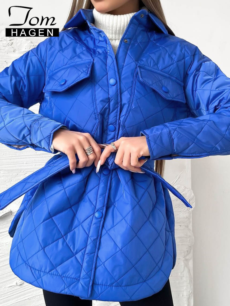Blue Women's Winter Jacket Casual Long Warm Oversize Lattice Coat Light Thin Cotton Parkas Quilted Jacket for Women with Belt