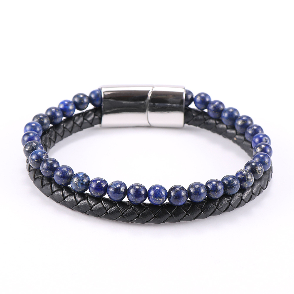 Vintage Men's Jewelry Black Genuine Leather & Natural Stone Bead Bracelet Stainless Steel Magnetic Buckle Homme Wristband Bangle
