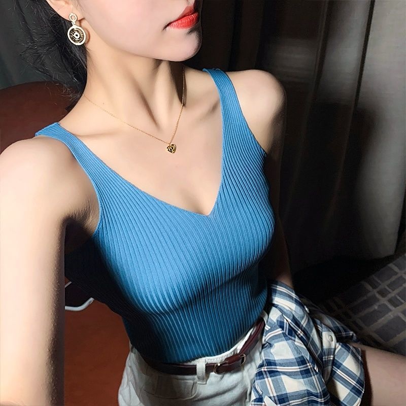 Summer V-neck Ice Silk Suspender Vest Women Inner And Outer Knitted Bottomed Shirt Top 