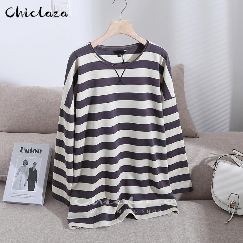 CHICLAZA Women  Spring Autumn Vintage Striped Long Sleeve O-Neck Pullovers Sweatshirt Female Loose Tops