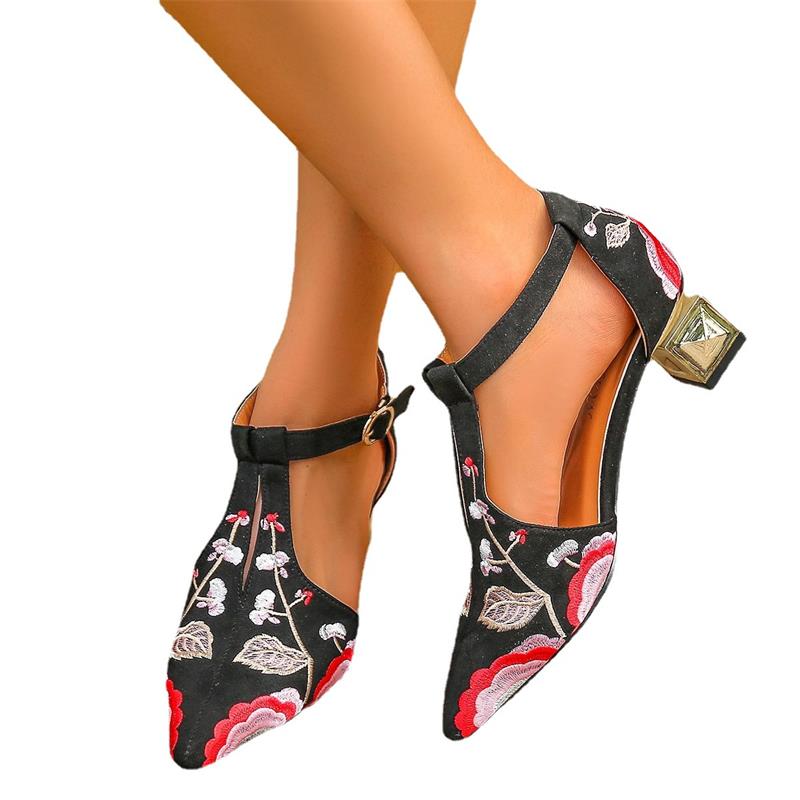 Women Retro Shoes Faux Suede Pointed Toe Embroidered T-Ankle Buckle Classic Versatile Street Banquet Everyday Women Shoes KC352