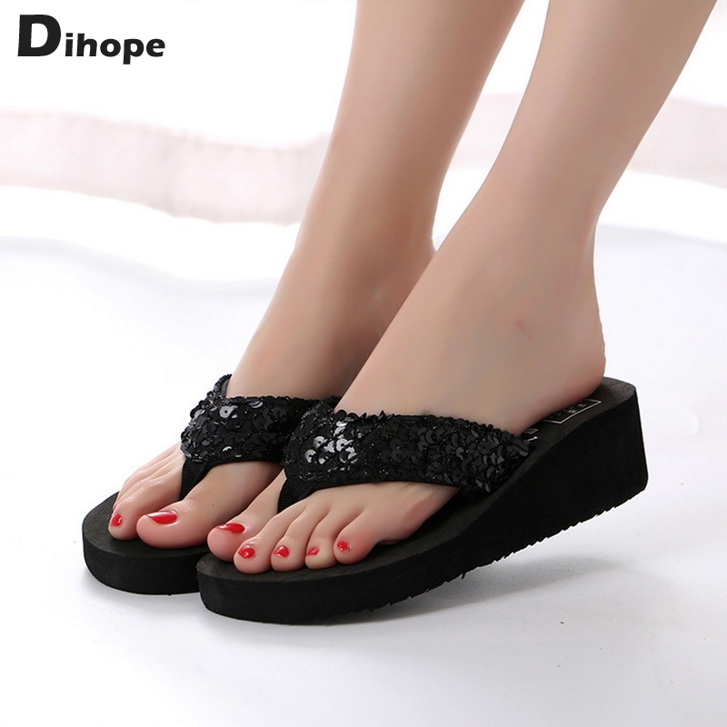 Female Flip Flops Women Summer Sandals Sequins Beach Women's Slippers High Heel Shoes For Women  Platform Wedge Slippers