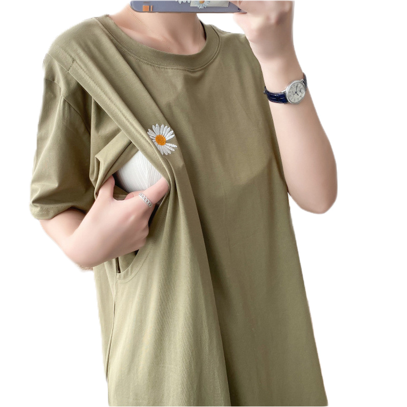 Small Daisy Embroidery Simple Breastfeeding Dress Home Clothes For Women Summer Long Shirt Maternity Clothes Pregnant Clothe9081
