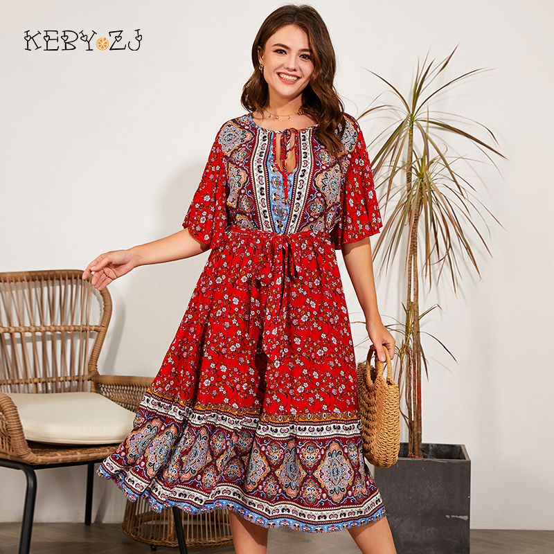 4XL 5XL Plus Size Women's Clothing  Summer Vacation Beach Boho Long Dress Casual Female Large Size Floral Print Midi Dress