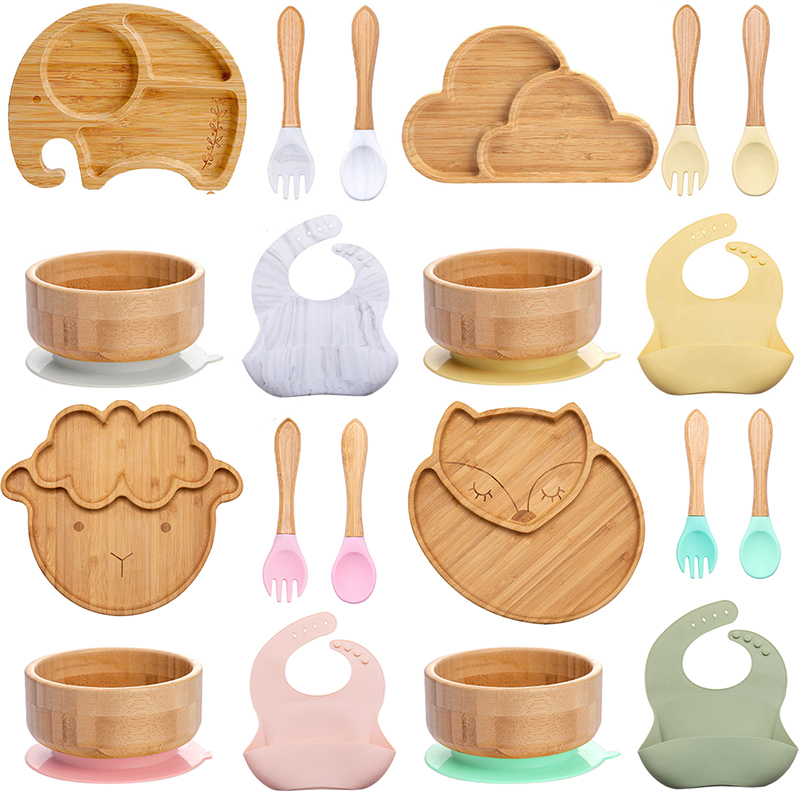 5pcs Wood Tableware Suction Plate Bowl Baby Feeding Spoon Fork for Kids Tableware Bamboo Dishes Bib  Feeding Tableware Sets