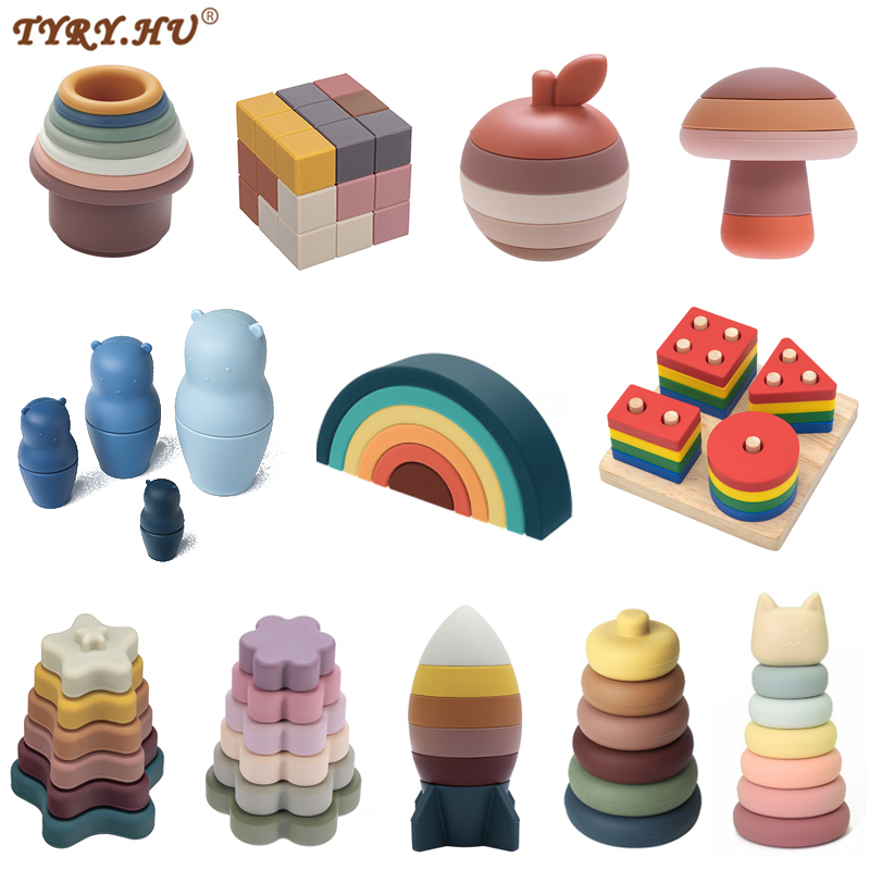1Set Soft Building Blocks Silicone Stacking Blocks Baby Toy Round Shape Silicone Construction Toy Rubber Teethers Montessori Toy