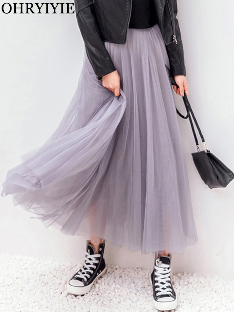 OHRYIYIE Vintage Tulle Skirt Summer Women  Elastic High Waist Mesh Skirt Lady Long Pleated Tutu Skirt Female Jupe Longue