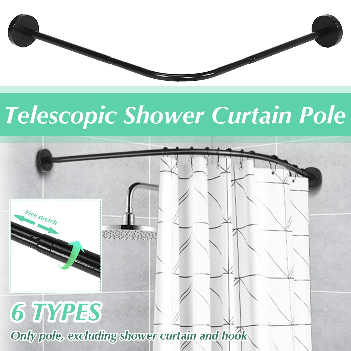 6 Size Extendable Curved Shower Curtain Rod Black U Shaped Stainless Steel Shower Curtain Poles Punch-Free Bathroom Curtain Rail