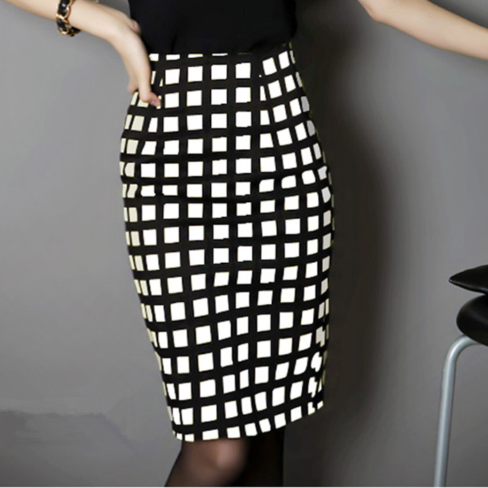 plaid bag hip skirt large size S-5XL casual skirt ladies temperament high waist stretch pencil skirt office