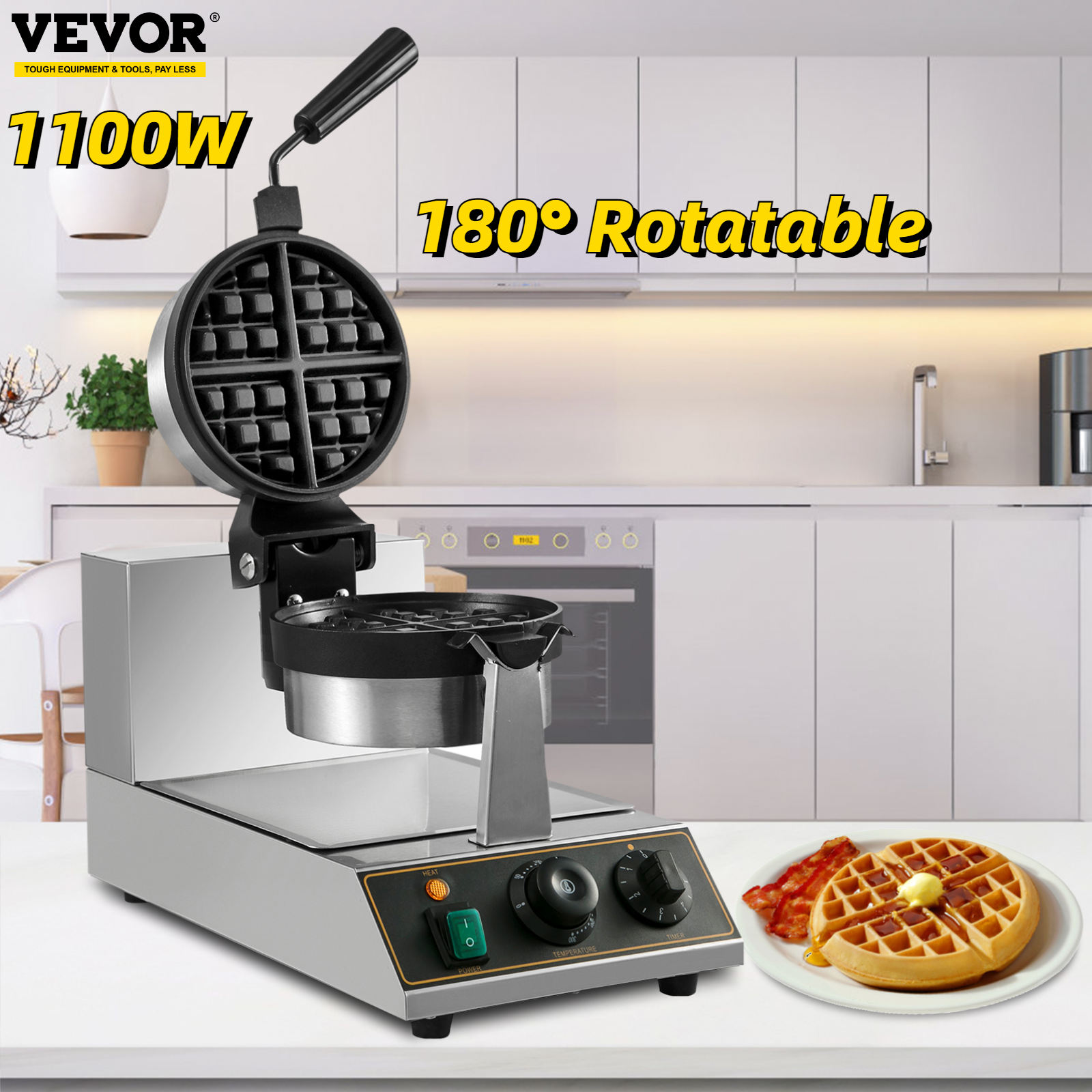 VEVOR Round Waffle Maker 1100W Commercial Electric Nonstick Oven 180° Rotating Home Double Side Plate Cake Muffin Baking Machine