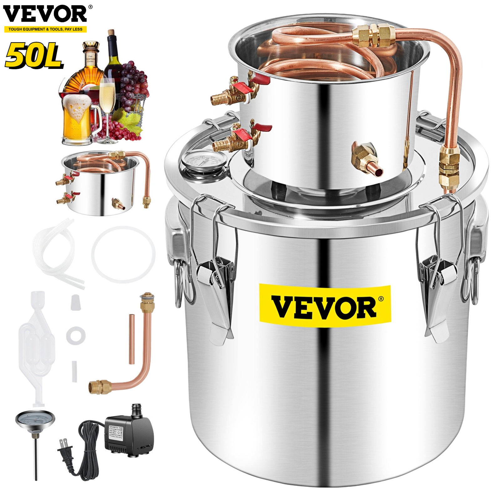 VEVOR 50L Moonshine Still Alcohol Distiller w/ Water Pump Stainless Copper DIY Home Brew Ethanol Wine Essential Oil Brewing Kit