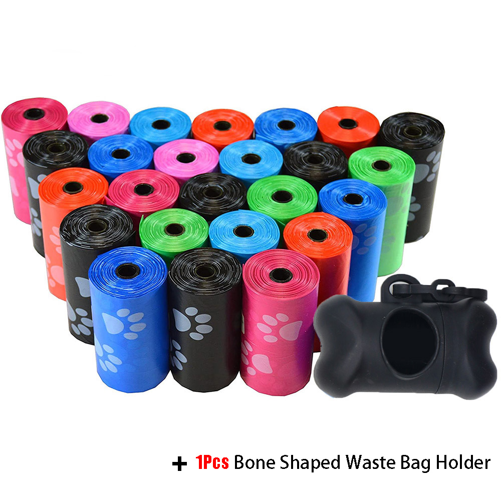 Pet Poop Bags Disposable Dog Waste Bags， Bulk Poop Bags with Leash Clip and Bone Bag Dispenser 5Roll(75Pcs) Bags with Paw Prints