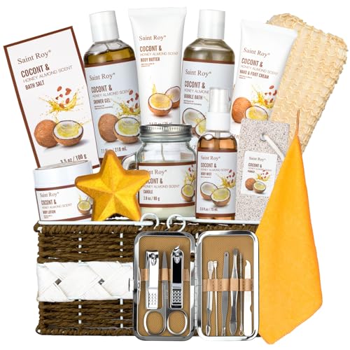 Fathers Day gift Basket for Women, Shower Bath Kit, Personal Care Gift Set, Coconut & Honey Almond Beauty, Home Bath Pampering Large Size Luxury Bath and Body Home Spa Kit, Mother's Day Gifts for Mom