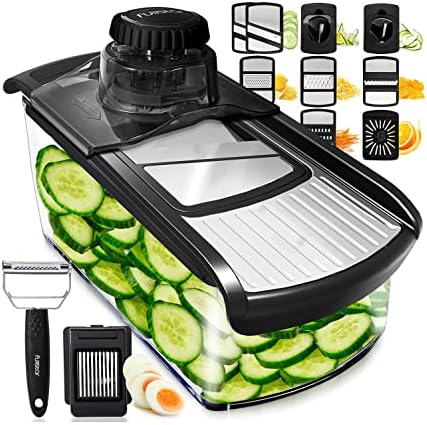 Fullstar Mandoline Slicer for Kitchen, Cucumber Slicer, Cheese Grater Vegetable Spiralizer and Veggie Slicer for Cooking, Kitchen Gadgets Organizer & Safety Glove Included (11 in 1, Stainless Steel)
