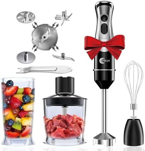 FKN Immersion Blender Handheld with 4 Interchangeable Blades,8 in 1 Hand Blender Electric with 500W Motor,8 Speed and Turbo Mode Handheld Blender Stick with 500ml Chopper,Mixing Beaker, and Whisk