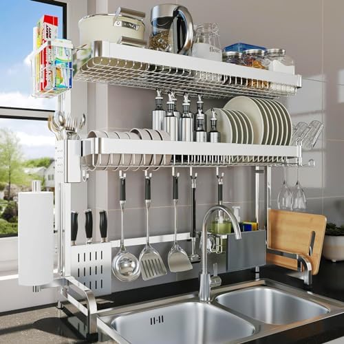 Over The Sink Dish Drying Rack, 3-Tier Over The Sink Dish Drainer Drying Rack Stainless Steel Adjustable (29.1''~37.4''), Dish Drying Rack Over The Sink Organizer with Utensil Holder