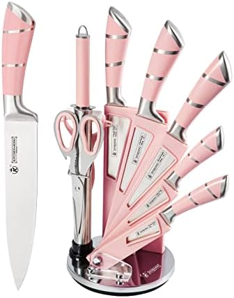 Kitchen Knife Set, Retrosohoo 9-Pieces Pink Sharp Non-Stick Coated Chef Knives Block Set,Stainless Steel Knife Set for Kitchen with Sharpener for Cutting Slicing Dicing Chopping (Pink)