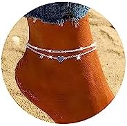 Sterling Silver Anklet Bracelets for Women Waterproof, 925 Sliver Plated CZ & Heart Charm Dainty Layer Anklets for Women Trendy, Simple Chain Anklets Set Gifts for Women, Jewelry Gifts for Her Women M