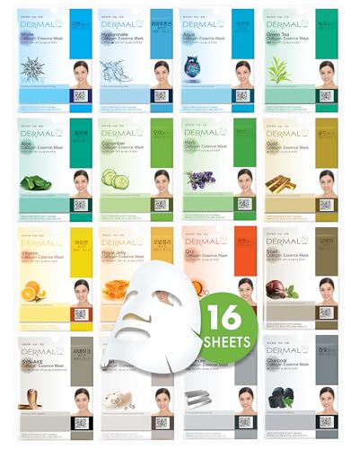 DERMAL 16 Combo Pack A Collagen Essence Korean Face Mask - Hydrating & Soothing Facial Mask with Panthenol - Hypoallergenic Self Care Sheet Mask for All Skin Types - Natural Home Spa Treatment Masks