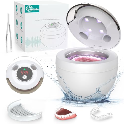 45kHz Ultrasonic Retainer Cleaner Machine, 200ML Denture Cleaner, 4 Modes with Digital Timer Mouth Guard Cleaner for Aligner, Night guard, Braces, Toothbrush, Jewelry(Bright White)